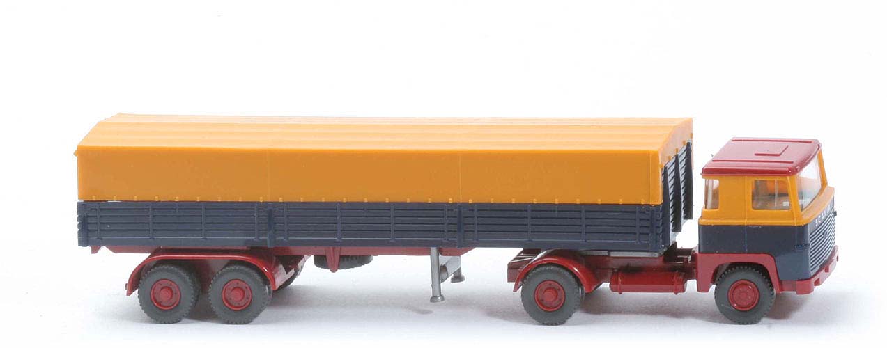 Scania 110  Pritschen-Sattelzug - melonengelb/ stahlblau / rubinrot - 510/11c