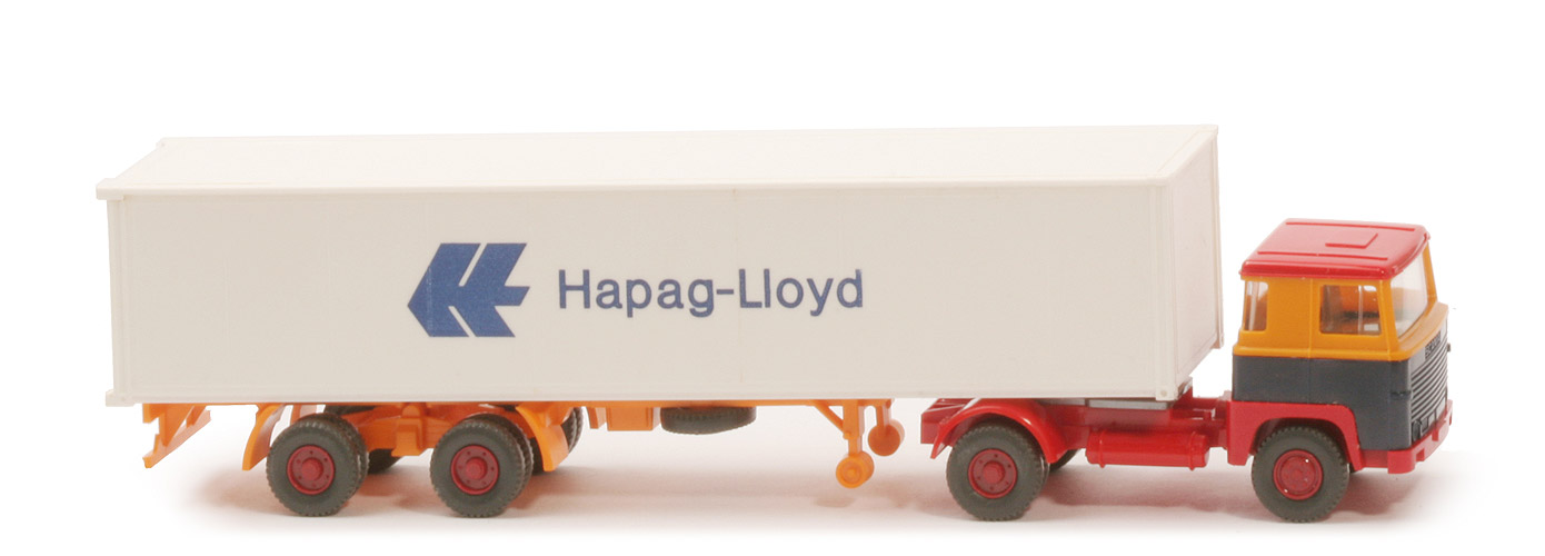 Scania 111  Container-Sattelzug - Hapag-Lloyd melonengelb / stahlblau / orangerot - Hapag-Lloyd 9a