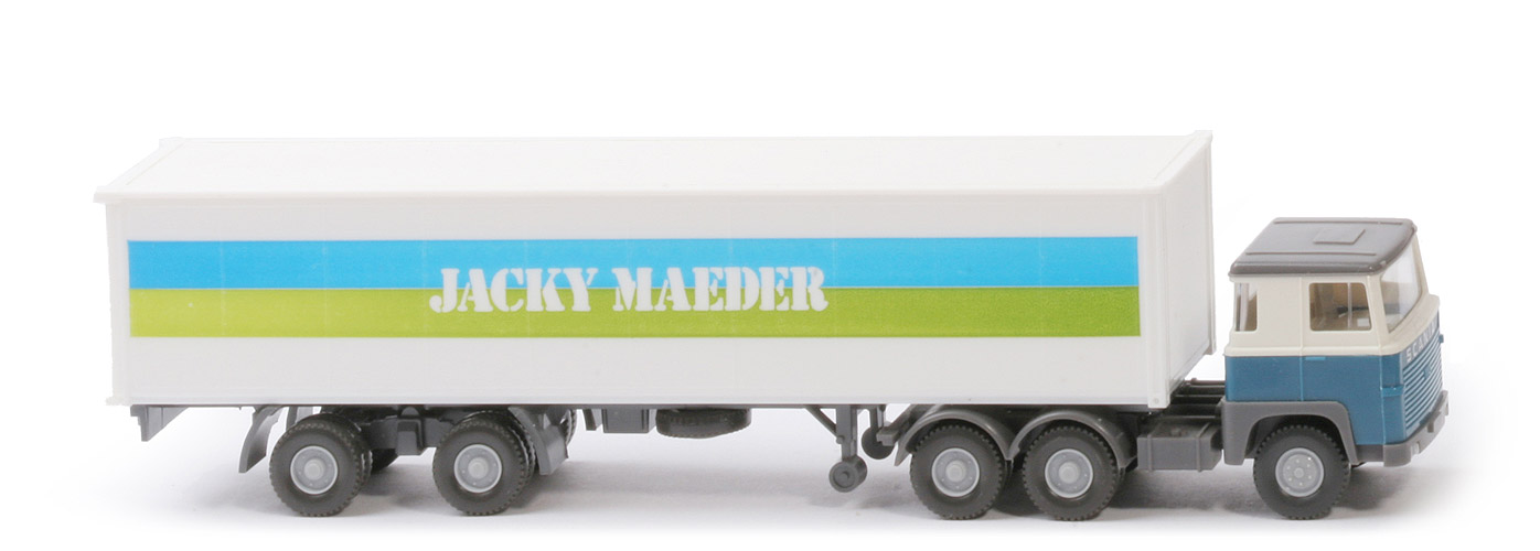Scania 110  Container-Sattelzug - Jacky Maeder weiß/azurblau Scania 110 - 520/36a